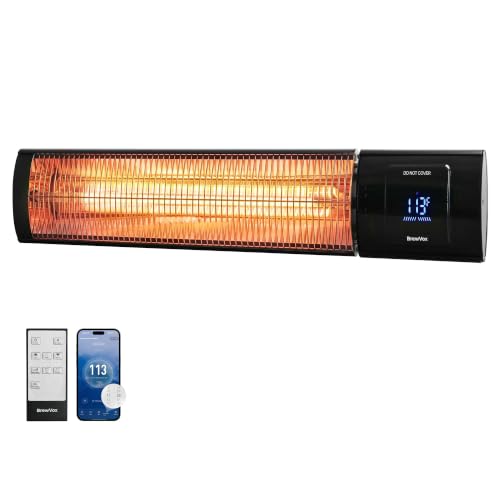 BrewVox 1500W Carbon Fiber Infrared Patio Heater, Instant Warmth Electric Outdoor Heater, App & Remote Control, Smart Eco Thermostat, 24H Timer, IP65 Waterproof, Wall, Ceiling & Stand Mount