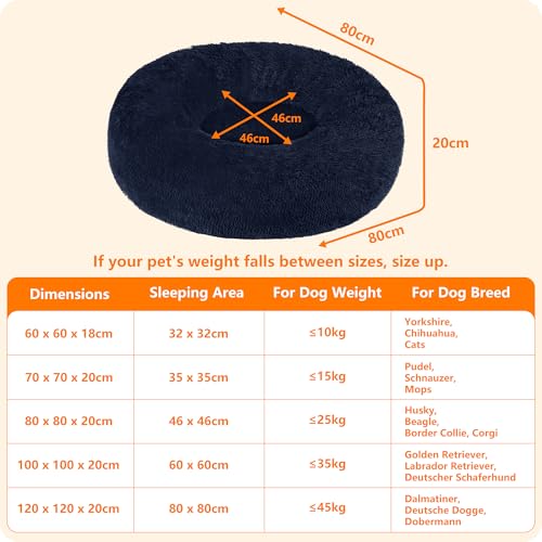 HMTOPE Orthopädisches Hundebett rund Hundekissen Hundesofa Katzenbett Donut Kuscheliges Hundekorb Waschbar, 80 cm Ø, Navyblau