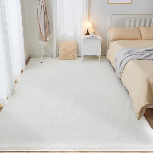 Puremy Fluffy White Rugs for Bedroom, 5x7 Plush Cream Area Rugs for Living Room, Non-Slip Shag Floor Carpet for Kids Room, Girls Room, Bedside, Playroom, Indoor Decor