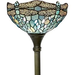 WERFACTORY Tiffany Floor Lamp Sea Blue Stained Glass Torchiere Pole Light | 12X12X71 Inches Dragonfly Standing Corner Torch Uplight Decor Bedroom Living Room Home Office S147 Series