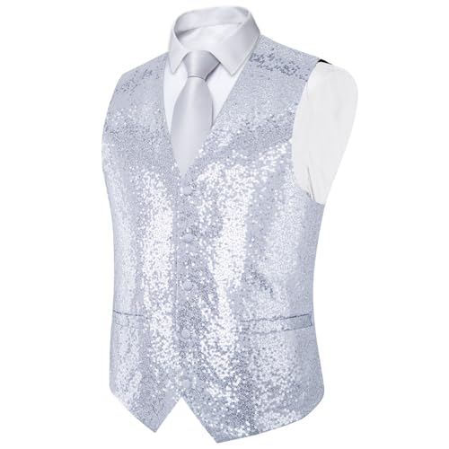 DiBanGu Mens Sequins Vest and Tie Set Solid V-Neck Shiny Dress Waistcoat Bowtie with pocket square for Prom Party Tuxedo2