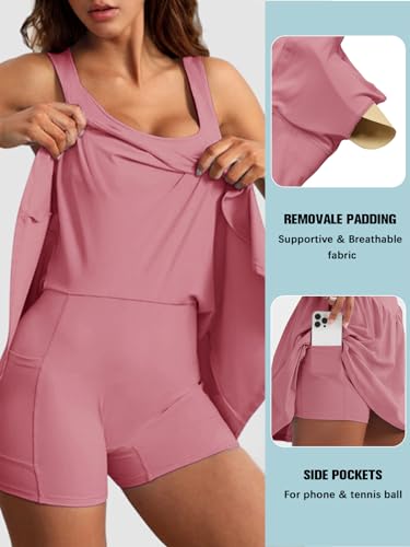 Image of Sexyasasii Women's Summer Athletic Tennis Dress with Built in Shorts and Bra Square Neck Workout Exercise Active Golf Dresses