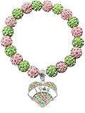 TongXin Greek Sorority Paraphernalia Gifts Sorority Bracelet Leaf Pendant Jewelry Pink and Green Bead Bracelet for Women (Heart Charm)