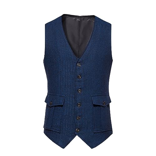 Zeiyignr Men's Herringbone Tweed Suit Vest Casual Wool Blend Waistcoat Single-breasted V Neck Business Formal Dress Vests2