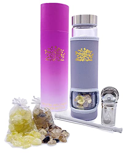 Simply Crystal Glass Water Bottle Infuser/Strainer with Leak-Proof Stainless Steel lids | Changeable Crystal Chamber | Carrying Sleeve | Two Bags of Crystal Gemstones Citrine and Smoky Quartz | plus One Reusable Silicone Drinking Straw Gift Set