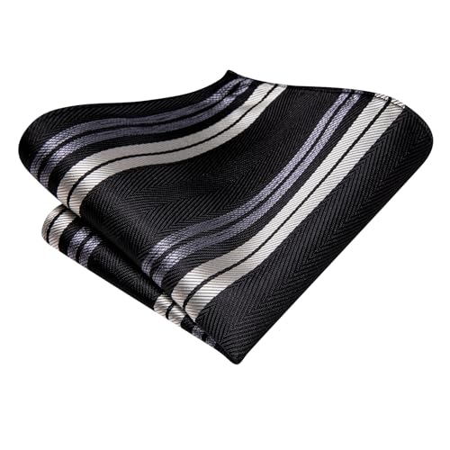 Image of Hi-Tie Formal Black Gray Striped Neckties for Men Classic Woven Ties and Pocket Square Lapel Pin Silver Tie Clip Cufflinks Set Wedding Business 6PCS