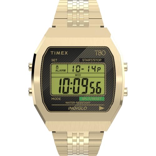 Timex T80 Unisex-Armbanduhr, 36 mm, goldfarbenes Edelstahlarmband, digitales Zifferblatt, goldfarbenes Gehäuse TW2V74300