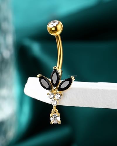 COCHARM Black Lotus Belly Button Rings, 14G Gold Dangle Belly Navel Rings for Women, Stainless Steel Belly Navel Piercing Jewelry4