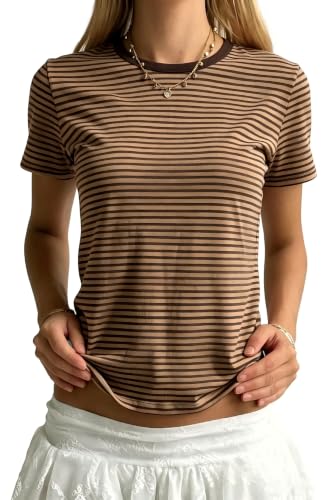 Image of Cute Striped Graphic Tees for Women Y2k Short Sleeve Preppy Teen Crop Tops