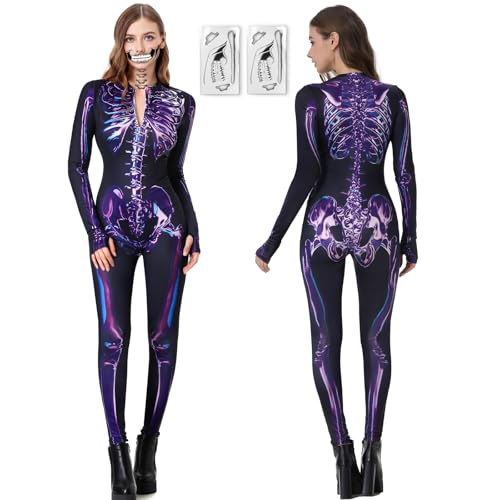 FORMIZON Disfraz Esqueleto Mujer, Disfraces De Esqueleto De Halloween, Mono Esqueleto Mujer con Estampado 3D, Traje de Esqueleto para Halloween, Carnaval, Fiesta, Cosplay (Morado, XL)