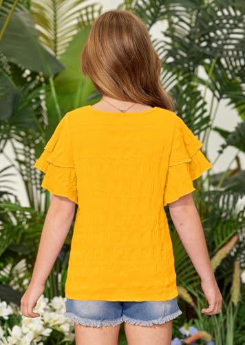 Image of Girls Summer Crewneck Tee Shirts Double Ruffle Short Sleeve Stretch Textured Fabric Casual Blouse 5-14 Years