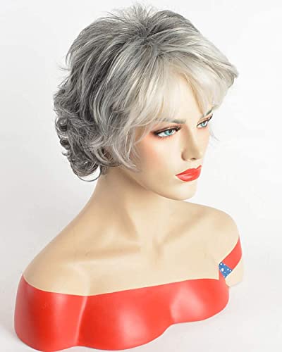 Sevencolors Short Grey Wigs For White Women Mixed Silver Curly Wavy Wigs With White Bangs Grandma Synthetic Short Gray Hair Pixie Wigs #TOP6