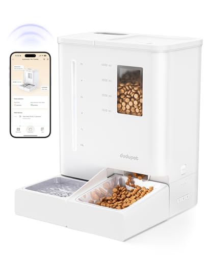 DUDUPET Distributore Automatico Cibo Gatti e Fontanella 2 in 1-2.4G WIFI, Controllo via App, 5L Dispenser Cibo Gatto e 4L Fontana d’Acqua, Registrazione Vocale, per Gatti e Cani di Piccola Taglia