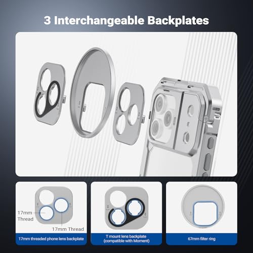 Image of NEEWER Phone Cage Kit Compatible with iPhone 17 Pro Max Only, Video Rig Stabilizer Accessories with 67mm Filter Ring, 17mm Lens Backplate, T Mount Adapter, Two Quick Release Handles, PA144 (Silver)