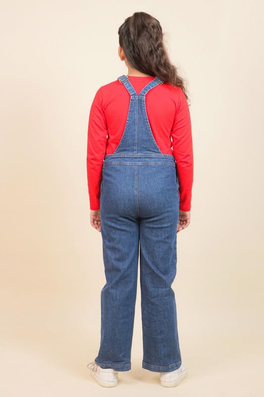 Image of Tweeny Mini Girls Pure Cotton Denim Dungaree With T-Shirts for Kids | Relaxed Fit Full Length Overall Outfit with Pockets | Adjustable Straps