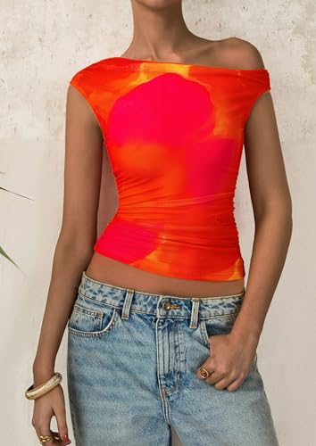PRETTYGARDEN Women's Off Shoulder Tops 2025 Summer Floral Mesh Going Out Crop Tank Tops Asymmetrical Tight Y2K Shirts Clothes