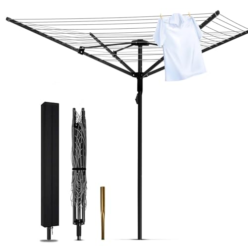 Umbrella Clothesline Outdoor |165 Feet Heavy Duty Rotary Outdoor Umbrella Drying Rack with 4-Aluminum Arms and Steel Post 12-Lines | Adjustable Height & Retractable Clothes Drying Rack for Backyard