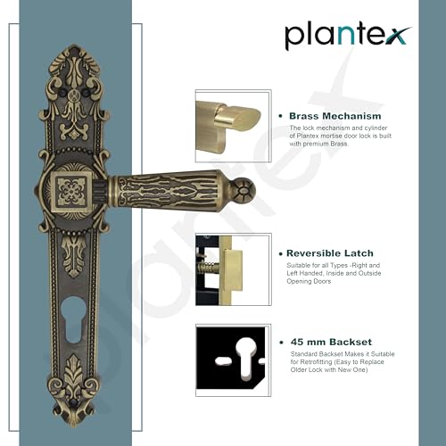 Image of Plantex Heavy-Duty Door Lock for Main Door /Mortise Locks Handle Set with 3 Years of Warranty By Plantex /Mortice Locks with 3 Keys, Brass Lock Body & Cylinder(657- Brass Antique)