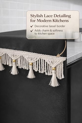 Image of Fridge Cover Top with Tassel Lace for Double Door Refrigerator - Washable, Water-Resistant Polyester Refrigerator Cover Top with 6 Side Pockets for Kitchen Accessories, Dustproof (Black)