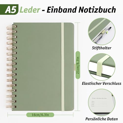 RITOLLO A5 Spiralnotizbuch mit PU-Leder Hardcover, 200 Seiten, 5x5 mm Kariert, Raster-Notizbuch für Arbeit, Studium & Planung (Salbeigrün)