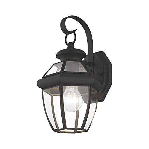 Image of Livex Lighting 2051-04 Monterey 1 Light Outdoor Black Finish Solid Brass Wall Lantern with Clear Beveled Glass | Clear Beveled Glass; Solid brass construction