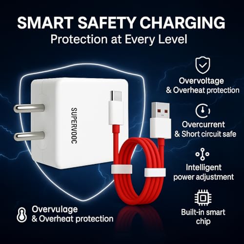 Image of 80W USB C Supervooc Fast Charging Charger with 3.3ft Cable Compatible with 13s /13 /13R /12 /12R /11 /11R /10Pro / 10R /10T /9Pro /9R /Nord 4 /Ce4 /5 Support Dash /Superdart /Wrap /Vooc 80Watt Adapter