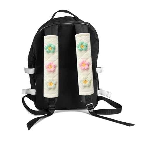 Image of Amooca Soft Auto Seat Belt Cover Seatbelt Shoulder Pad Cushions 2 PCS for a More Comfortable Driving Universal Fit for All Cars and Backpack Off-White Knitted Flower (Green & Pink)