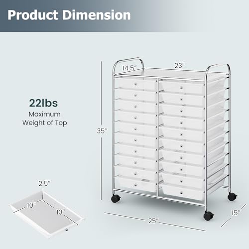 RELAX4LIFE 20 Drawer Rolling Storage Cart, Mobile Rolling Cart w/Drawers for School Classroom Teacher Office Home Salon, Paper File Art Supply Craft Organizer, Utility Cart on Wheels (Clear)