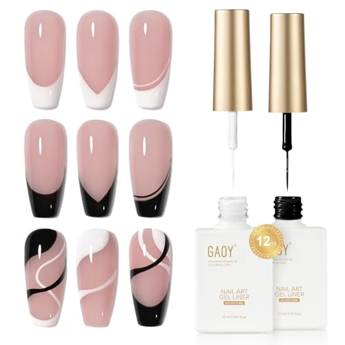 GAOY Gel Nail Polish Art Liner Set, White and Black 2Pcs 12ml Classic Colors Nail Paint Design with Thin Brush, UV Light Cure for DIY French Manicure at Home
