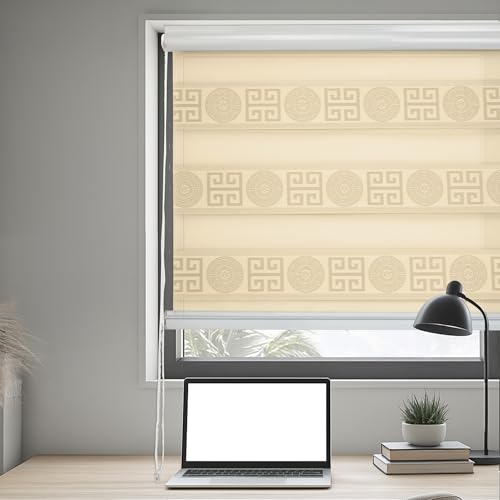 DH DREAMER HOME Persiana Enrollable con Diseño Griego Decorativo – 90x200cm – Estor Noche y Día de Doble Capa, Bloqueo de Luz Moderado, Fácil de Instalar para Ventanas Interiores (Arena Dorada)