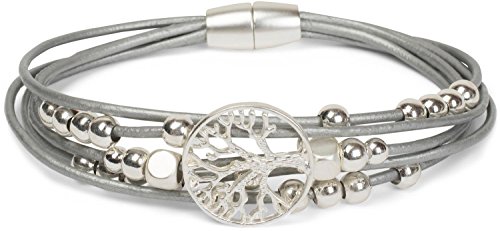 styleBREAKER Armband mit feinen Bändern, Lebensbaum Anhänger und Schmuckperlen, Magnetverschluss, Armschmuck, Schmuck, Damen 05040135, Farbe:Silber