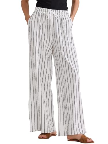 Allegra K Women's Casual Drawstring Stripe Pants Wide Leg High Waist Cotton Loose Pants