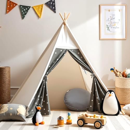 Sumbababy Tipi Infantil, Algodón Tienda de Campaña Interior Madera Portátil Cabañas para Niños, Tienda de Juego con Banderas de Colores, y Bolsa de Almacenaje