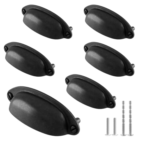 Kyuionty 6 Pack Antique Black Drawer Pull Handle Knobs Metal Cup Pull 3.5' Hole Centers, Vintage Shell Pull Handles for Kitchen Cabinet Dresser Furniture