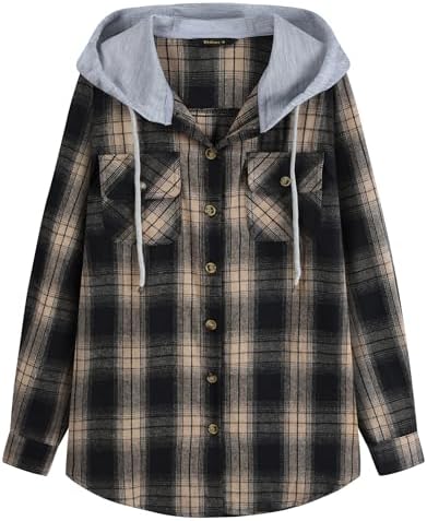 Womens Flannel Hoodie Shirts Long Sleeve Plaid Jacket Casual Cott...