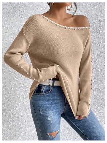 Image of WDIRARA Women's Pearls Beaded One Cold Shoulder Sweater Long Sleeve Asymmetrical Knit Top