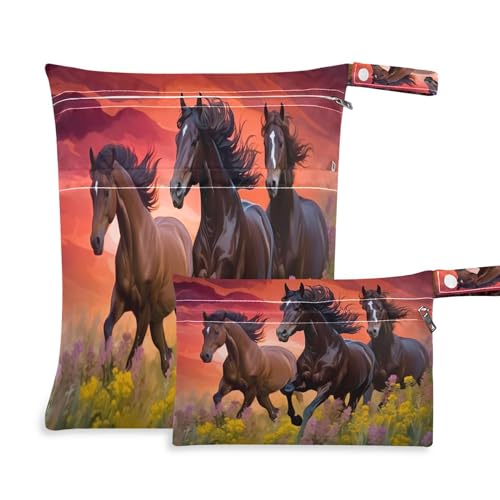PYBUG Horse Wet Dry Bags Sets Waterproof Reusable with Two Zippered Pocket for Diaper,Swimsuit,Gym Clothes,2 Pack