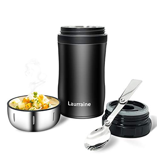 Puninoto Food Flask,500ML Stainless Steel Vacuum Double Wall Jar,Cold/Hot Leakproof Thermal Flask with Folding Spoon Portable Lunch Container for Kids/Adult,Work,Picnic,School(Black)