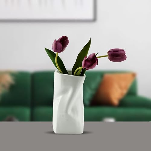 Yakesd Ceramic Vase, Modern Farmhouse Decor, Crinkle Paper Bag Shaped Decorative Vase For Centerpieces, Table, Office, Mantel, Bedroom, Wedding, Gift(Gloss White) #TOP7