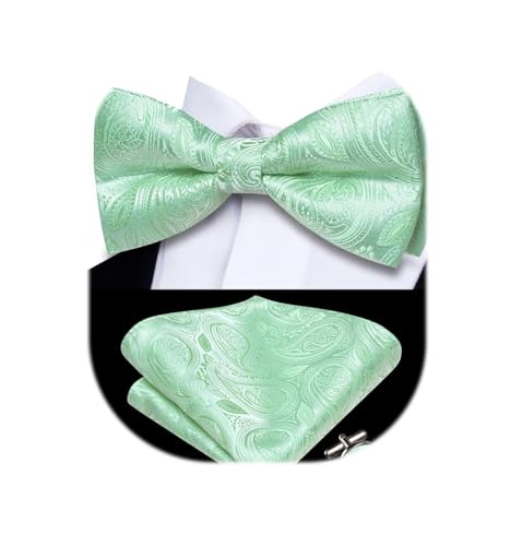 Image of Dubulle Mint Green Mens Bow Tie Set Pre-tied Paisley Striped Bowtie for Men and Pocket Square Cufflinks Wedding Business