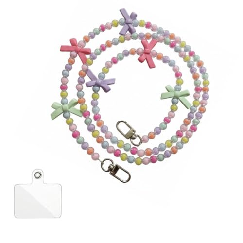 Image of KHOLAD White Bow Phone Chain Crossbody Pearl Strap | 2in1 Wrist & Shouler Crossbody Lanyard | Pearl Beads Charms Chain with Phone Tether Patches | Compatible with Most Phones, Bag, Purse
