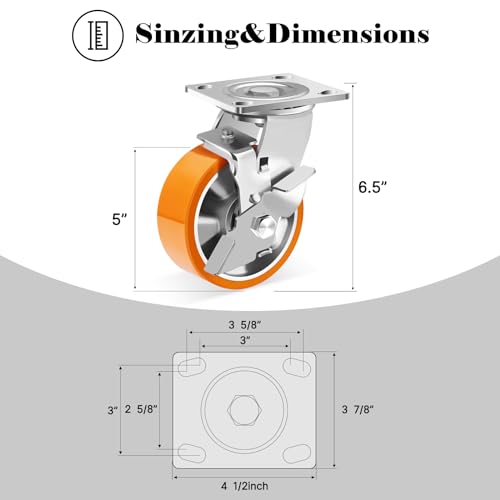 W B D WEIBIDA 5 Inch Heavy Duty Casters Set of 4, Industrial Grade Casters Wheels with Brake 4000 LBS, Maintenance-Free Polyurethane on Aluminum Wheels, Plate Swivel Casters Wheels for Cart, Machine by W B D WEIBIDA - Image 2
