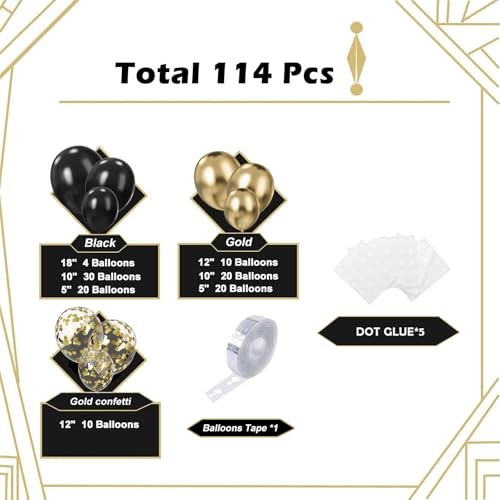 Image of Lukiituke Black and Gold Balloon Arch Kit, 114Pcs Gold and Black Balloons | 4 Size New Years Balloons for Birthday, Wedding, Graduation, New Years Decorations