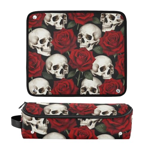 Bolsa de viaje para herramientas de cabello con tapete removible resistente al calor, impermeable, para planchas y rizadores, diseño rosas rojas con calaveras góticas miniatura 3