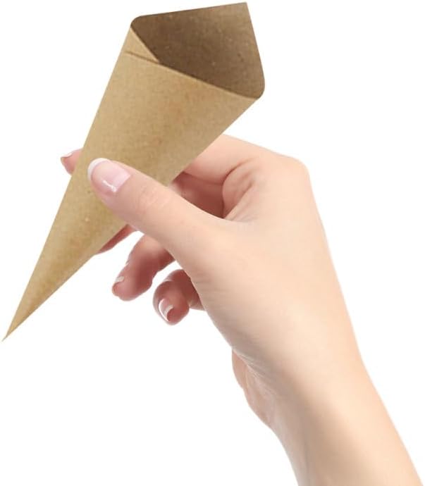 SEWACC 120pcs Small Kraft Paper Cones Wedding Confetti Candy Present Flower Paper Cones Holder for Diy Wedding Birthday Table Decor Party Present Packaging, Brown