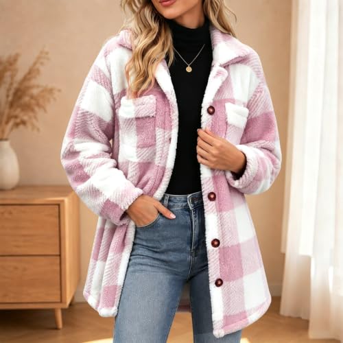 GOSEAGOTOFUN Fleece Jacket Women Oversized Plaid Fuzzy Fleece Jacket Lapel Button Down Long Coat Fall Winter Warm Outerwear 01-Pink Small - image 2