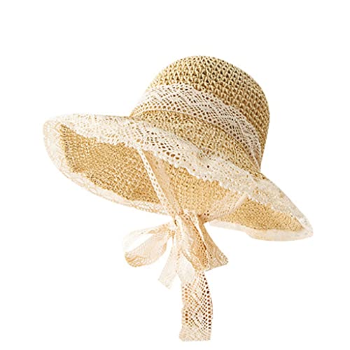 Chapeau de paille d'été pour femme avec dentelle élégante et grand bord de 54-58cm