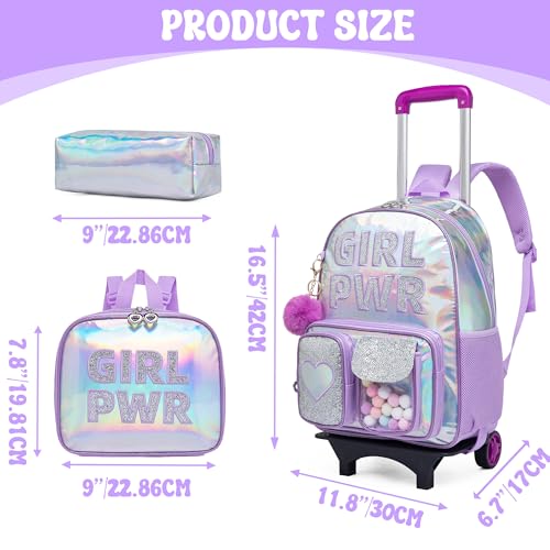 Image of HTgroce Rolling Backpack with Wheel,School Backpack for Kids Girl Roller Schoolbag Wheeled Backpacks Set Carry-on Luggage,Purple