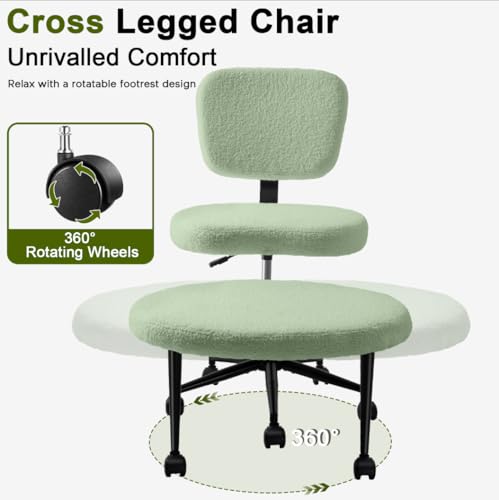 Image of Waleaf Ergonomic Cross Legged Office Chair, ADHD Chair for Adults, Height Adjustable Meditation Chair with Wheels, Teddy Fabric Yoga Kneeling Chairs with Comfortable Back Support (Green)