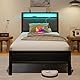FOUBAM Bett 90x200,Bettgestell mit Ladestation, Robustes Metallbett mit Holz Stauraum-Kopfteil aus Stoff,Gästebett Jugendbett Einzelbett Bettrahmen,Metall mit Lattenrost, Schwarz